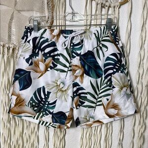 Men's NWT Barbados Swim Trunks with Built in Mesh Briefs in White Floral M